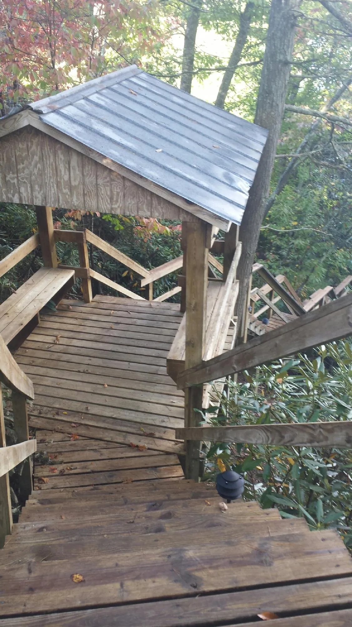 Metal roofed shelter over wooden steps on a wooded walkway — Skylight Repair & Installation work by our crew in Hanceville